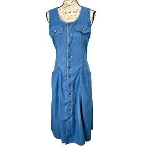 Vintage 90s Lizwear Denim Button Front Midi Dress Size 6 Cottage Jumper